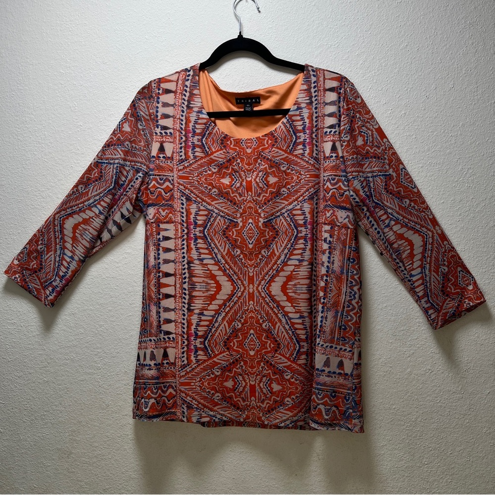 Tribal Orange Brown Blouse with 3/4 Sleeves